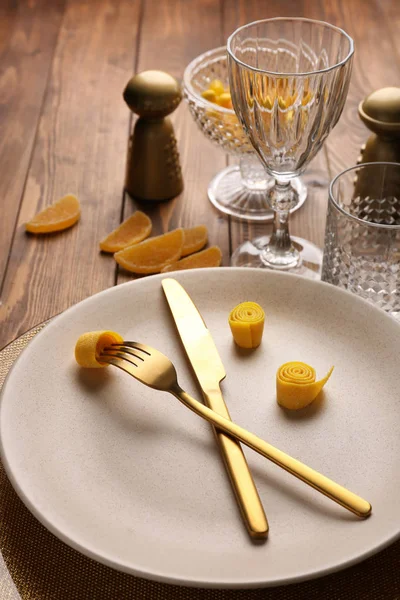 Beautiful Table Setting Wooden Background — Stock Photo, Image