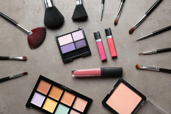 Professional Makeup Brushes Cosmetics Grey Table — Stock Photo, Image