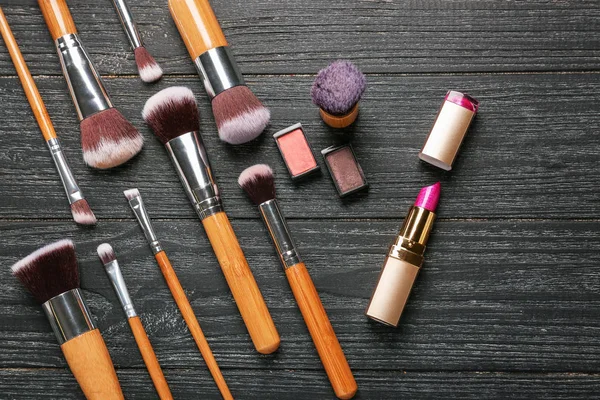 Professional Makeup Brushes Cosmetics Wooden Background — Stock Photo, Image