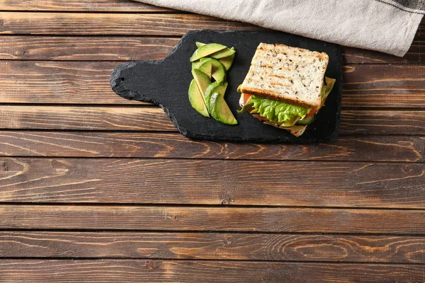 Slate Plate Tasty Sandwich Avocado Wooden Table — Stock Photo, Image