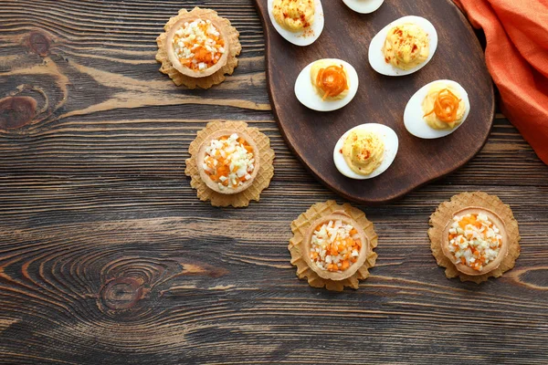 Tasty Deviled Eggs Tartlets Wooden Table — Stock Photo, Image