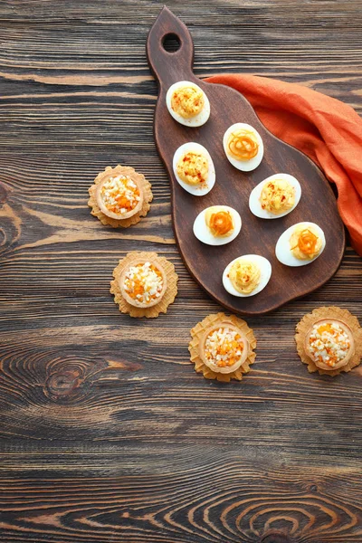 Tasty Deviled Eggs Tartlets Wooden Table — Stock Photo, Image