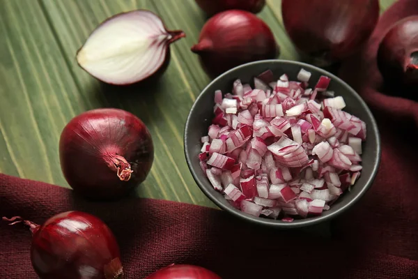 Bowl Red Onion Wooden Table — Stock Photo, Image