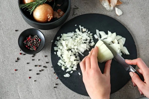 Woman Cutting Raw Onion Slate Plate — Stock Photo, Image