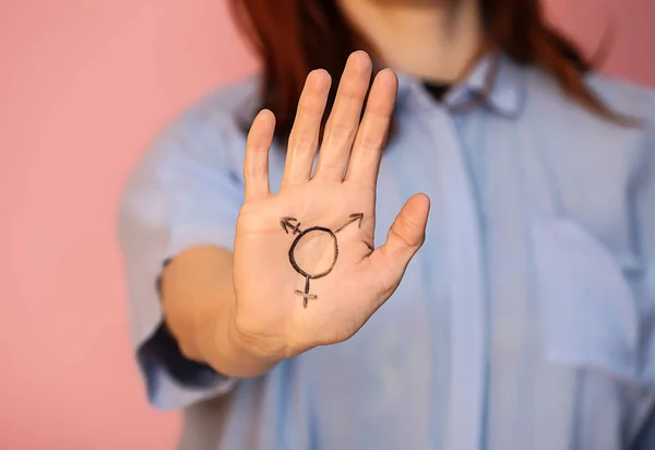 Young Woman Drawn Symbol Transgender Her Palm Color Background Closeup — Stock Photo, Image