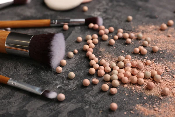 Professional Makeup Brushes Powder Pearls Grey Background Royalty Free Stock Photos