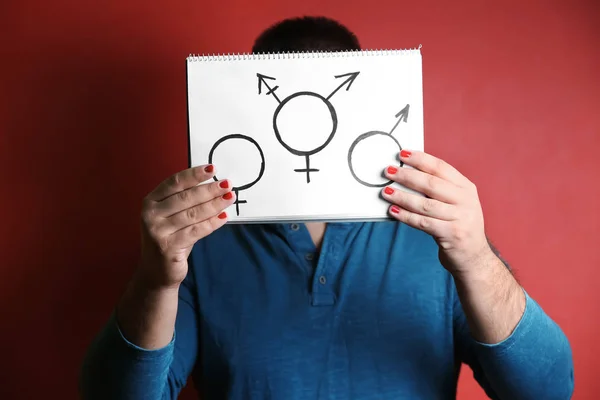 Man Manicure Showing Male Female Transgender Symbols Color Background — Stock Photo, Image