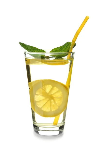 Glass Tasty Cold Lemonade White Background — Stock Photo, Image