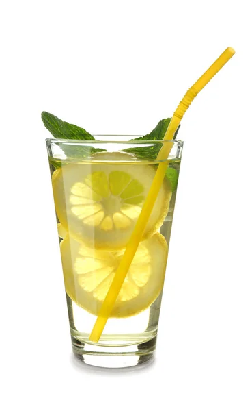 Glass Tasty Cold Lemonade White Background — Stock Photo, Image