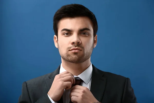 Portrait Handsome Young Businessman Color Background — Stock Photo, Image