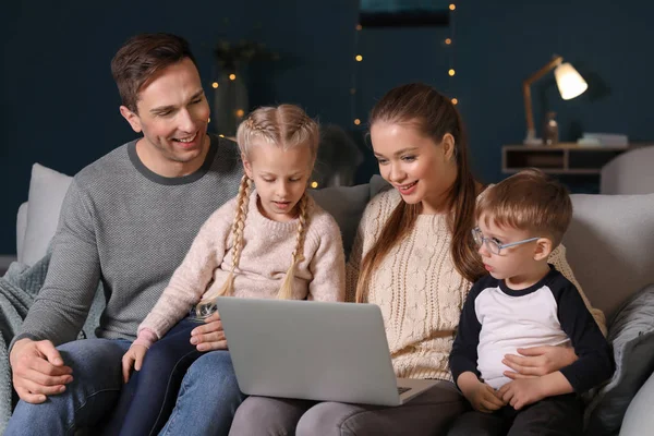 Happy Family Watching Cartoons Home — Stock Photo, Image