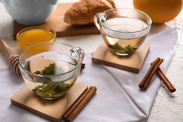 Glass Cups Hot Tea White Table — Stock Photo, Image