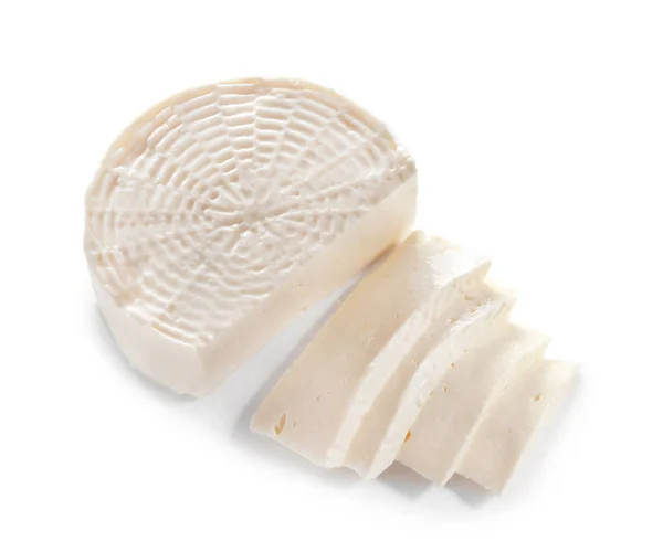 Gustoso Formaggio Con Fette Sfondo Bianco — Foto Stock