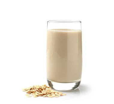 Glass of tasty oat milk on white background clipart