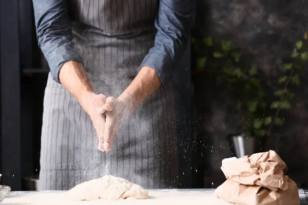 Young Man Preparing Dough Bread Kitchen — Stock Photo, Image