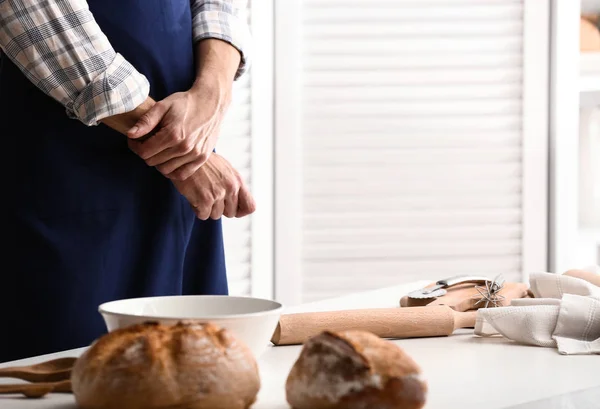 Young Man Preparing Dough Bread Kitchen — Stock Photo, Image