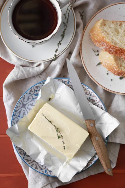 Tasty Butter Bread Cup Coffee Table — Stock Photo, Image