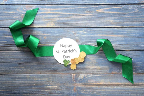 Card Text Happy Patrick Day Ribbon Coins Wooden Background — Stock Photo, Image