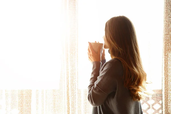 Woman Drinking Hot Cacao Window Morning — Stock Photo, Image