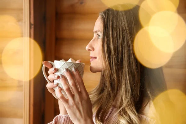 Woman Drinking Hot Cacao Home — Stock Photo, Image