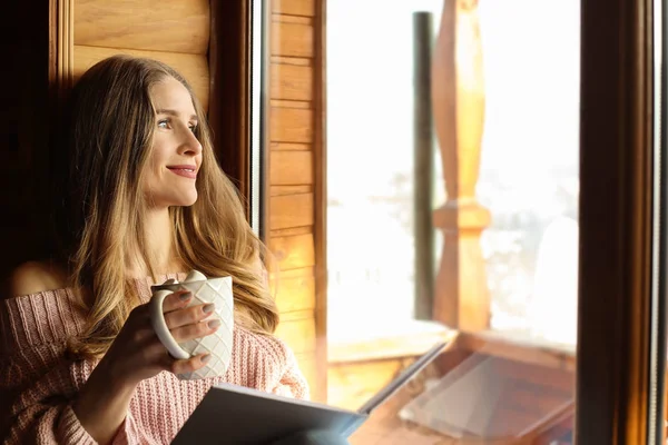 Beautiful Woman Drinking Hot Cacao Reading Book Home — Stock Photo, Image