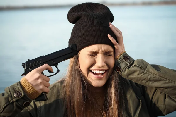 Young Woman Gun Going Commit Suicide Outdoors — Stock Photo, Image