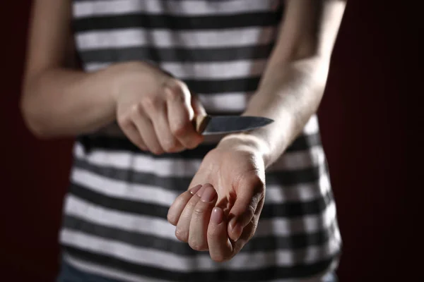 Woman Cutting Veins Knife Dark Background Closeup Suicide Concept — Stock Photo, Image