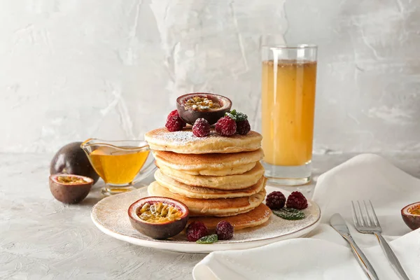 Tasty Pancakes Passion Fruit Berries Grey Table — Stock Photo, Image