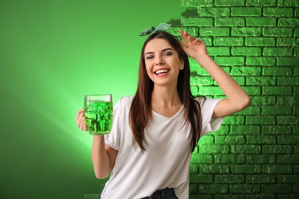 Beautiful Young Woman Mug Beer Color Background Patrick Day Celebration — Stock Photo, Image