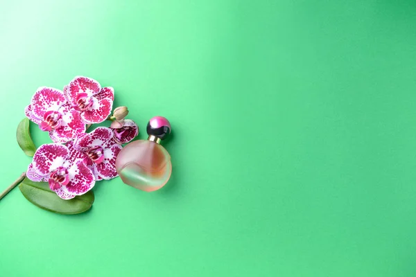 Красиві Квіти Орхідей Пляшка Парфумів Кольоровому Фоні — стокове фото