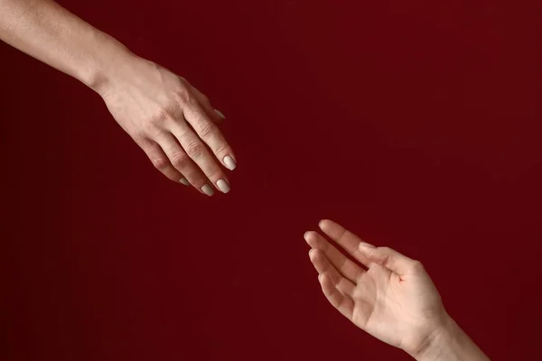 Female Hands Reaching Out Each Other Color Background Stop Suicide — Stock Photo, Image