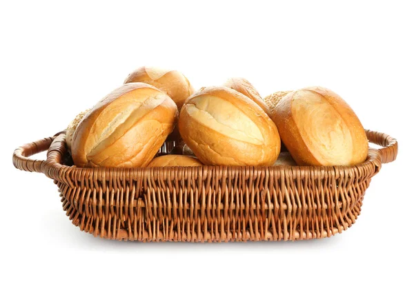 Basket Delicious Fresh Buns White Background — Stock Photo, Image