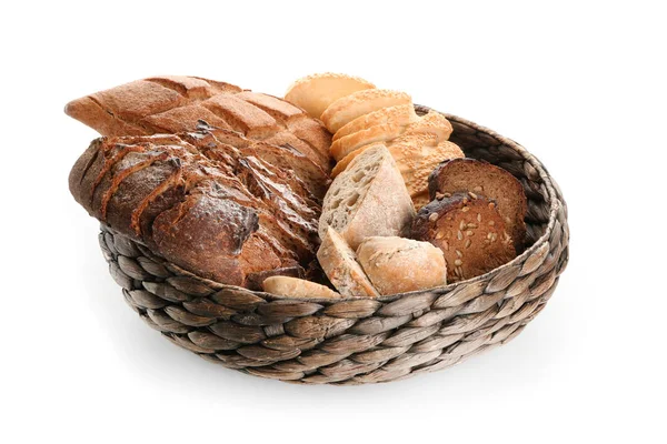 Basket Assortment Tasty Bread White Background — Stock Photo, Image