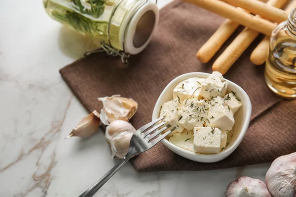 Bowl Tasty Feta Cheese Garlic Table — Stock Photo, Image