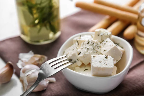 Bowl Tasty Feta Cheese Garlic Table — Stock Photo, Image