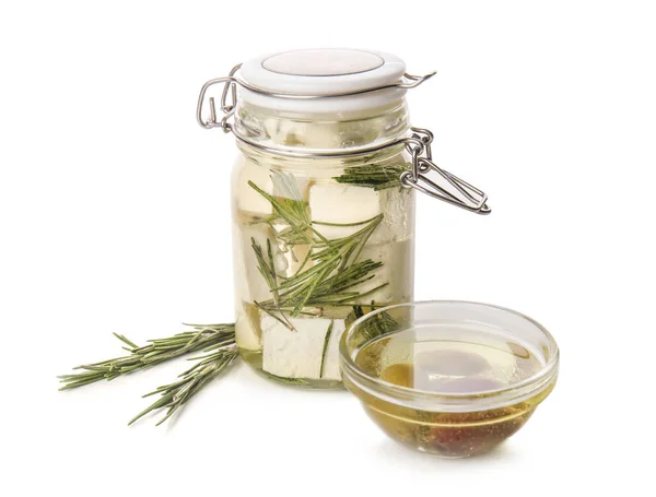 Glass Jar Tasty Feta Cheese Olive Oil White Background — Stock Photo, Image