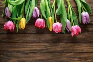 ahşap arka plan üzerinde güzel taze laleler