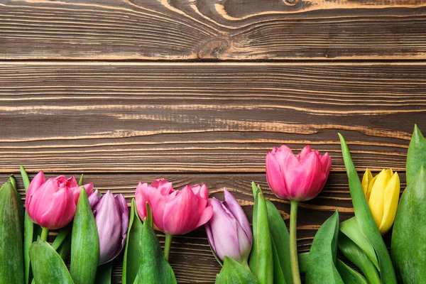 Beautiful Fresh Tulips Wooden Background — Stock Photo, Image