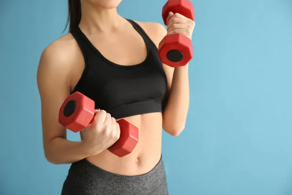 Sporty Young Woman Dumbbells Color Background — Stock Photo, Image