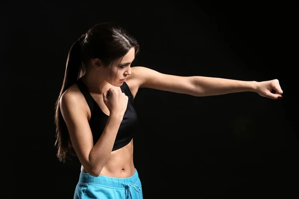 Sporty Female Boxer Dark Background — Stock Photo, Image