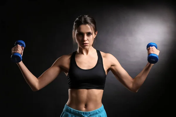 Sporty Young Woman Dumbbells Dark Background — Stock Photo, Image