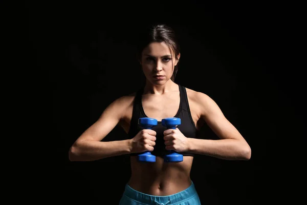 Sporty Young Woman Dumbbells Dark Background — Stock Photo, Image