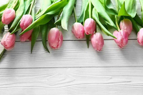 Bouquet Beautiful Tulips White Wooden Background — Stock Photo, Image
