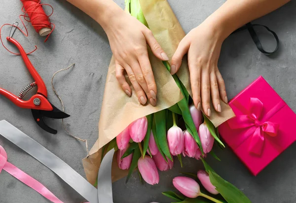 Female Florist Making Beautiful Bouquet Workplace — Stock Photo, Image