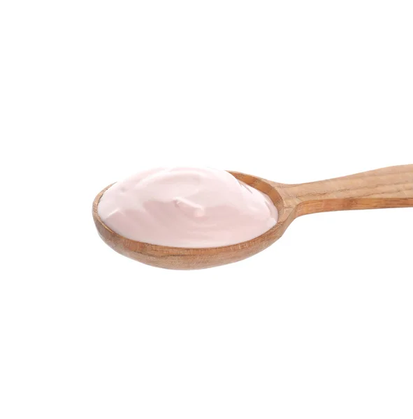 Spoon Med Välsmakande Yoghurt Vit Bakgrund — Stockfoto