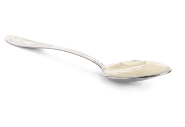 Łyżka Smacznym Jogurtem Białym Tle — Zdjęcie stockowe