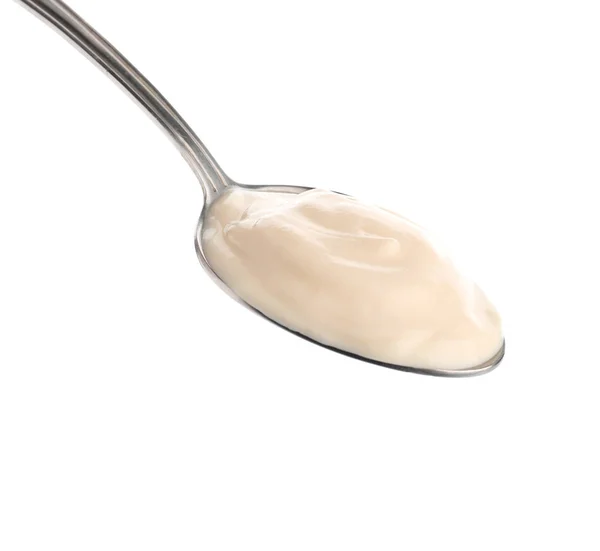 Cuchara Con Sabroso Yogur Sobre Fondo Blanco — Foto de Stock