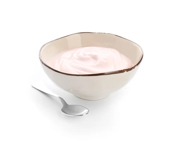 Skål Med Läckra Yoghurt Vit Bakgrund — Stockfoto