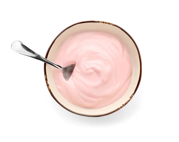Skål Med Läckra Yoghurt Vit Bakgrund — Stockfoto