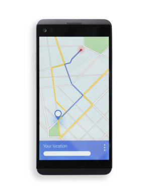 Hareket eden telefon yolu ile harita ekran beyaz arka plan görüntülemek